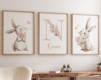 Nursery wall art girl bunny, bunny nursery print, Bunny Floral Watercolor Prints, bunny nursery decor, Wildflower Nursery, bunny nursery
