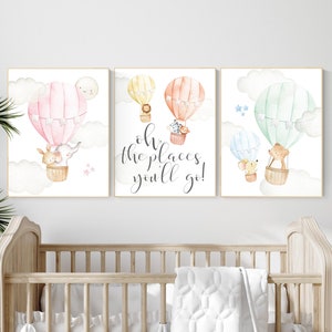 Hot air balloon nursery, Animal nursery, gender neutral, woodland animals, hot air balloons, nursery prints, baby room wall art, set of 3