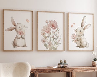 Nursery wall art girl bunnies, bunny nursery print, Bunny Floral Watercolor Prints, bunny nursery decor, Wildflower Nursery, bunny nursery