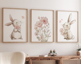 Bunny Floral Watercolor Nursery Print: Girl's Room Wall Art
