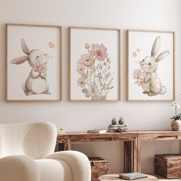 Nursery wall art girl bunnies, bunny nursery print, Bunny Floral Watercolor Prints, bunny nursery decor, Wildflower Nursery, bunny nursery