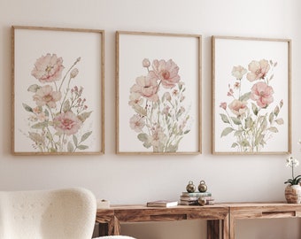 Wildflower Wall Art, Watercolor Flowers Nursery Decor, Blush Pink ...