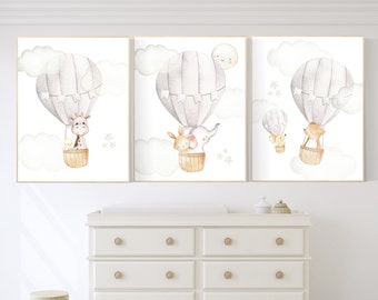 Neutral Nursery Prints: Hot Air Balloon, Woodland Animals
