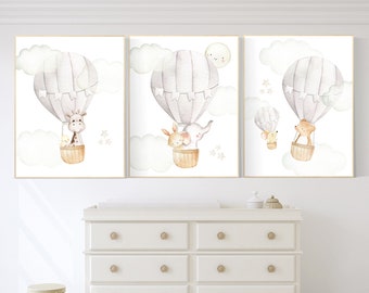 Nursery decor neutral, hot air balloon, woodland animals, gender neutral, baby room decor, elephant, bunny, giraffe, nursery prints