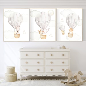 Kinderkamerprints heteluchtballon: bosdieren, neutraal decor