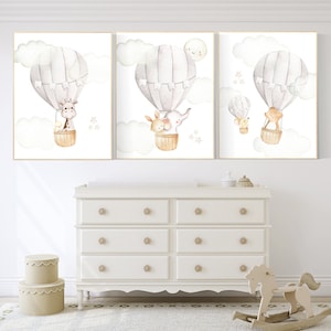 Nursery decor neutral, hot air balloon, woodland animals, gender neutral, baby room decor, elephant, bunny, giraffe, nursery prints