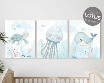 Under the sea wall art, Ocean nursery decor, Nautical nursery print set, under the sea nursery, gender neutral nursery, ocean nursery