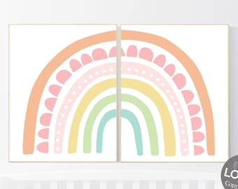 Pastell Regenbogen Kinderzimmer Deko: Boho Mädchenzimmer Kunstdruck Set