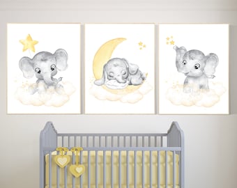 Nursery decor neutral, Yellow nursery, nursery wall art elephant, moon, stars, gender neutral, yellow and gray nursery art, baby room art