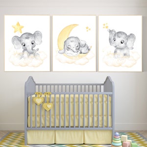 Nursery decor neutral, Yellow nursery, nursery wall art elephant, moon, stars, gender neutral, yellow and gray nursery art, baby room art
