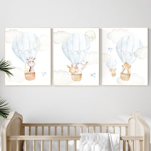 Hot air balloon, Nursery decor boy, blue nursery, woodland animals, baby room wall art, adventure theme, woodland animals, baby blue nursery