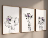 Purple nursery, girl nursery, animal nursery, Safari animals, Floral Nursery Prints, purple nursery, girls nursery decor, elephant nursery
