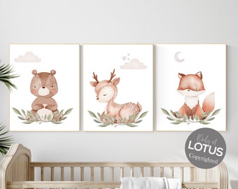 Woodland Animal Nursery Prints: Fox, Deer, Raccoon Decor