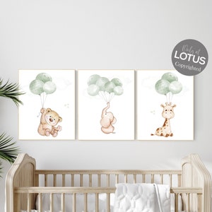 Nursery wall art animals, green nursery, gender neutral nursery, sage green, baby room decor, bear, elephant, giraffe, animal prints