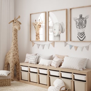 Safari Animal Nursery Prints: Watercolor Giraffe, Elephant, Zebra Art (Set of 3)