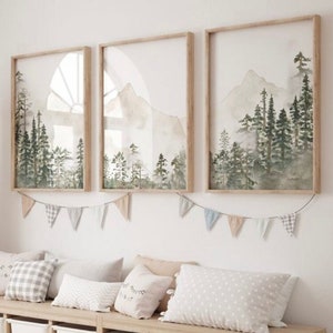 Decoração de berçário de montanha, arte de parede de floresta, arte de parede de berçário, decoração de berçário de floresta, berçário de aventura, impressão de floresta, arte de parede de madeira de montanha