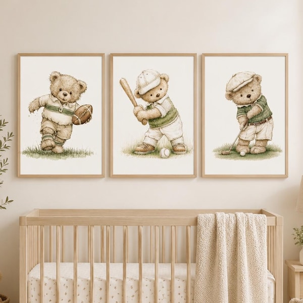 Conjunto de 3 quadros decorativos para quarto de bebê com tema de ursinhos de pelúcia esportistas, ideais para quarto de menino.
