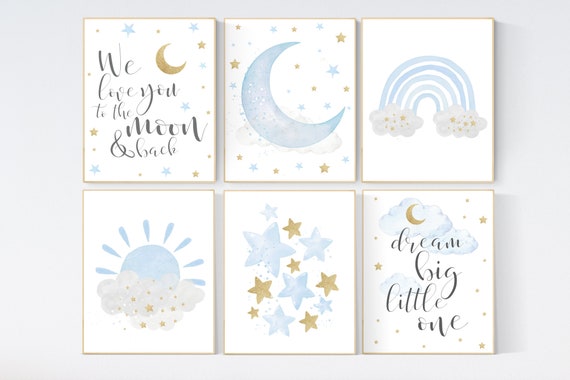 Nursery decor boy, blue and gold nursery, rainbow nursery, boys room decor, blue nursery wall art, cloud and stars, baby room decor