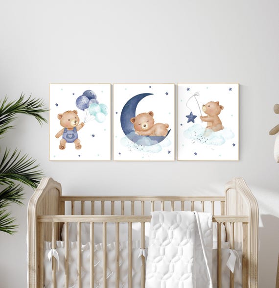 Navy Blue Teddy Bear Nursery Wall Art, baby boy nursery wall art, Baby Boy Room Decor, Moon and Stars , Cute Bear prints, navy and teal