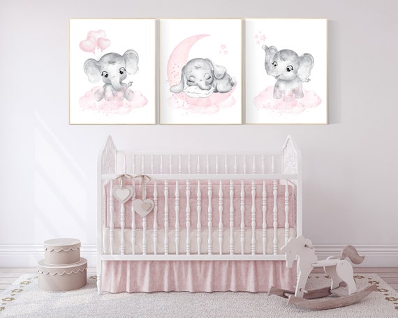 Elephant nursery art, elephant nursery print, pink and gray nursery, moon and stars nursery, baby room decor girl, nursery prints girl