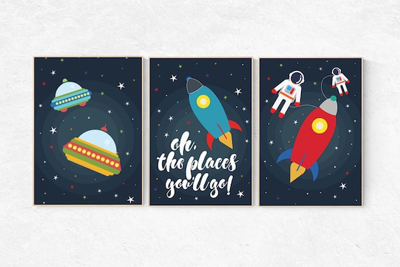 Space nursery decor, Oh the places you'll go, space themed nursery, nursery wall art boy, navy nursery art, rocket, outer space, boys room