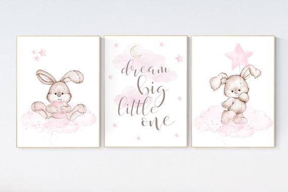 Nursery decor girl bunny, bunny print set, dream big little one, rabbit nursery, girl nursery, nursery wall art bunny, Bunny print nursery