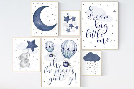 Nursery decor boy elephant, navy nursery, nursery wall art boy, navy Blue, moon, cloud and stars, boy nursery decor, hot air balloon