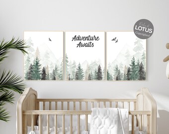 Nursery decor woodland, mountain wall art, tree nursery decor, adventure theme nursery, forest, sage green, beige, woodland animals