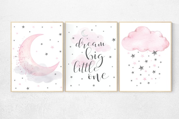 Nursery decor girl, pink and gray, nursery decor girl pink, pink nursery, dream big little one, moon and stars, baby room, girl nursery