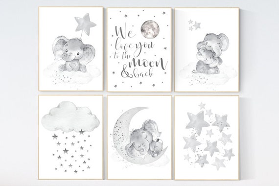 Nursery decor elephant, gray nursery, moon and stars, grey nursery, neutral nursery, gender neutral, elephant, unisex, neutral nursery