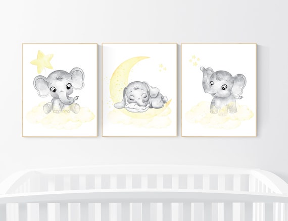 Nursery decor neutral, Yellow nursery, nursery wall art elephant, moon, stars, gender neutral, yellow and gray nursery art, baby room art