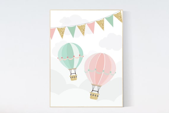 Hot air balloon nursery, pink, mint, gold, coral nursery decor, hot air balloon nursery, hot air balloon nursery, travel theme, girl room