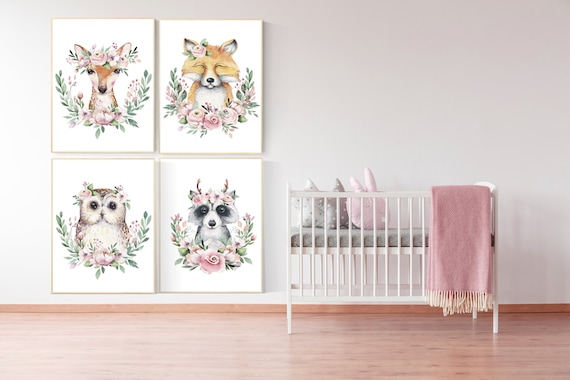 Nursery decor girl woodland, nursery decor floral, boho nursery, baby room decor animals, nursery decor girl floral, girl room decor, gift