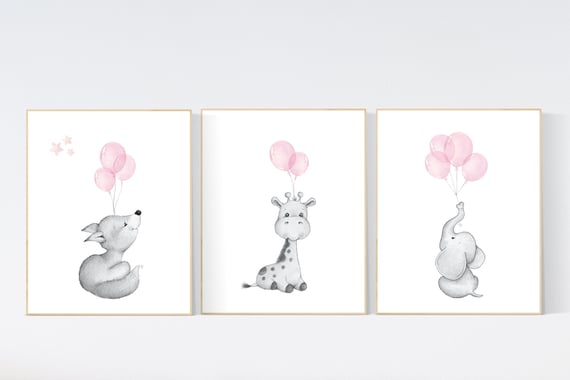 Nursery wall art girl, Nursery decor girl pink and gray, nursery wall art elephant, fox, giraffe, nursery, nursery wall art, animal prints