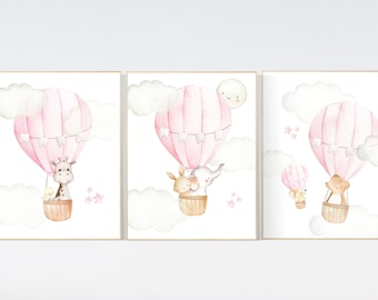 Hot Air Balloon Nursery Print: Pink Woodland Animals Wall Art