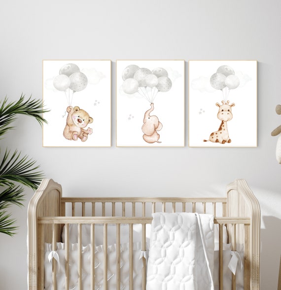 Nursery wall art animals, gray nursery, gender neutral nursery, neutral nursery, baby room decor, bear, elephant, giraffe, animal prints