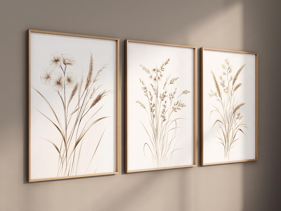 Beige Botanical Line Art Print Set: Minimalist Floral Wall Decor - Etsy