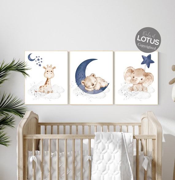 Navy Blue Nursery Prints: Bear, Elephant, Giraffe Animal Art