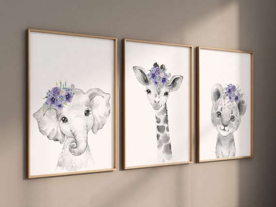 Purple nursery, girl nursery, animal nursery, Safari animals, Floral Nursery Prints, purple nursery, girls nursery decor, elephant nursery