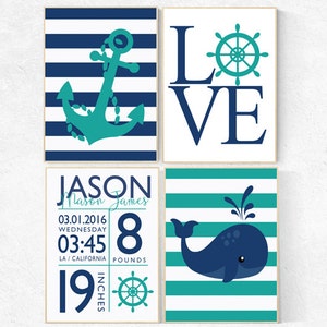 Birth announcement, Nautical boy nursery, birth stats print, nautical baby room, Nautical Nursery Wall Art, Navy Mint Nursery Decor, teal