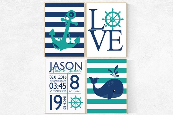 Birth announcement, Nautical boy nursery, birth stats print, nautical baby room, Nautical Nursery Wall Art, Navy Mint Nursery Decor, teal