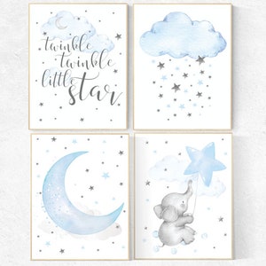 Elephant nursery, Nursery decor boy, nursery wall art, twinkle twinkle little star, nursery art, blue nursery decor, cloud and star nursery