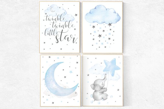 Elephant nursery, Nursery decor boy, nursery wall art, twinkle twinkle little star, nursery art, blue nursery decor, cloud and star nursery