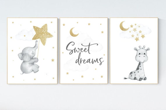 Nursery wall art gold, gold gray nursery, nursery decor neutral, baby room decor girl, moon and stars, baby room decor, giraffe nursery