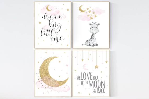 Nursery decor girl giraffe, pink and gold nursery, we love you to the moon and back, pink nursery art, cloud and stars, baby room decor