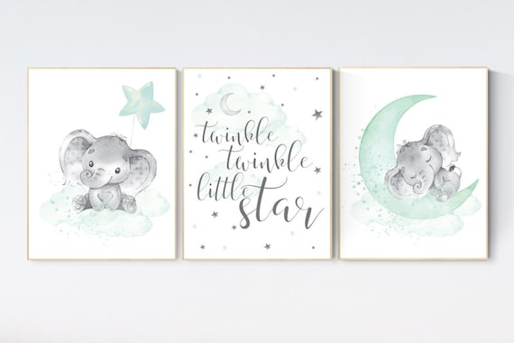 Elephant nursery art, elephant nursery print, mint nursery, twinkle twinkle little star, baby room art, gender neutral, aqua, moon and stars