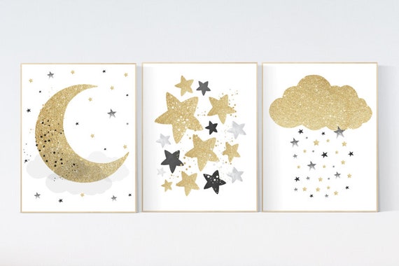 Nursery wall art grey, gold black gray nursery, nursery decor neutral, baby room decor gender neutral, moon and stars, baby room art