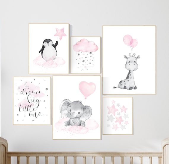 Nursery wall art girl animals, pink grey, nursery decor girl pink, penguin, elephant, bear, moon and stars, baby room decor girl, pink gray