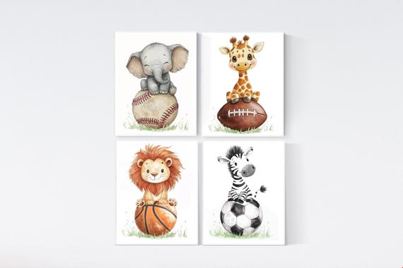 Sports Safari Nursery Wall Art Set, Baby Boy Animal Prints with Football, Baseball, Basketball, Soccer | Jungle Playroom Decor