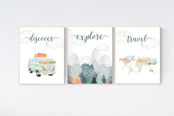 Travel nursery print, Explore nursery wall art, Baby boy nursery, Adventure Set of 3 prints, Camping Prints, Adventure Nursery Decor